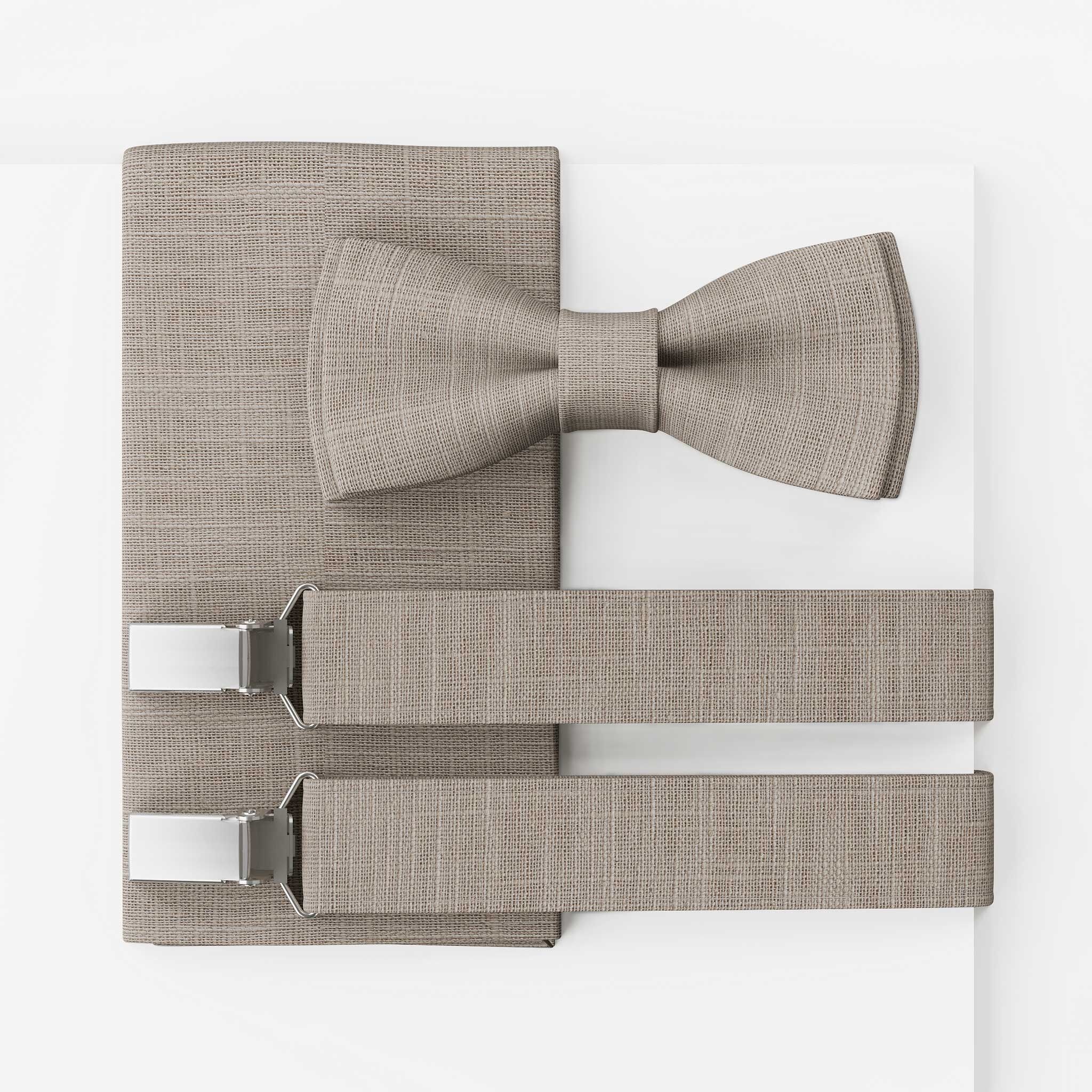 Herrenfliege Set Leinen Grau Beige | Large Batwing | Fliege & Einstecktuch oder komplett mit Hosenträger