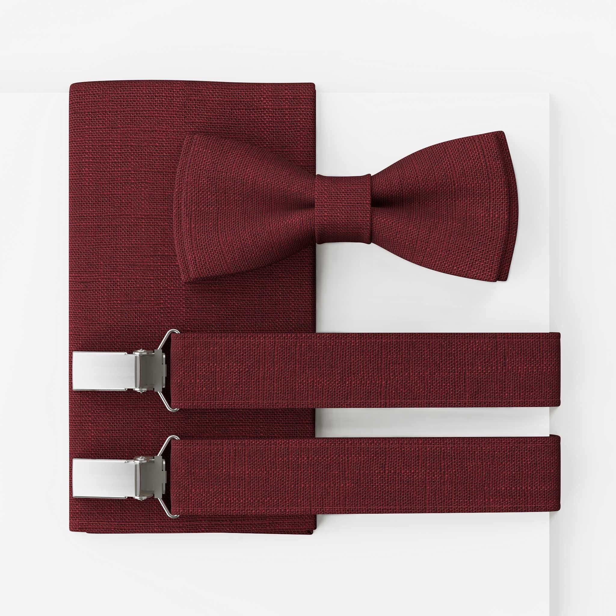 Conjunto de pajarita para hombre, lino rojo vino | Ala de murciélago grande | Pajarita y pañuelo de bolsillo o con tirantes