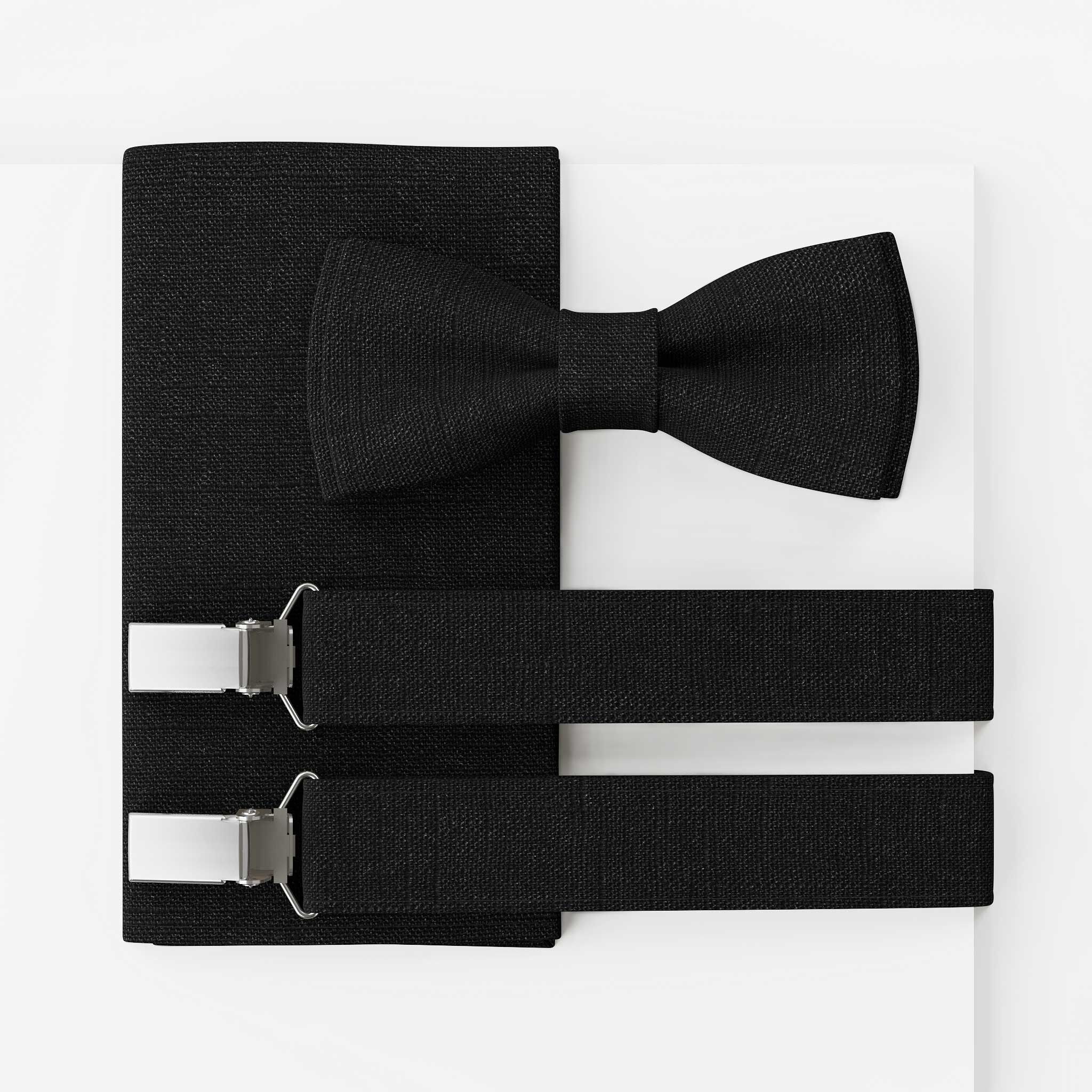 Herrenfliege Set Leinen Schwarz | Large Batwing | Fliege & Einstecktuch oder komplett mit Hosenträger