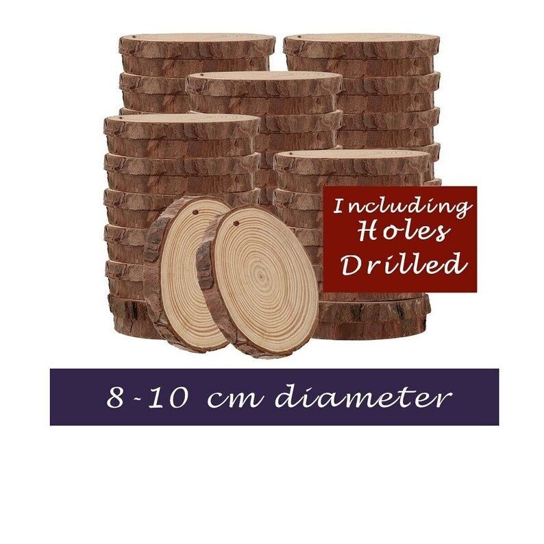 Rustic Wood Slice with Bark & Drilled Holes with string (8-10 cm)