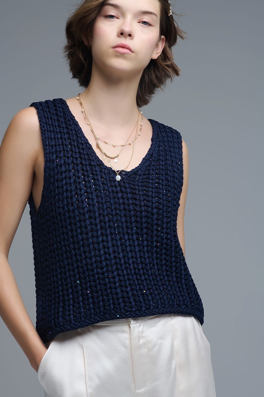 Gilet corto all'uncinetto blu navy con paillettes