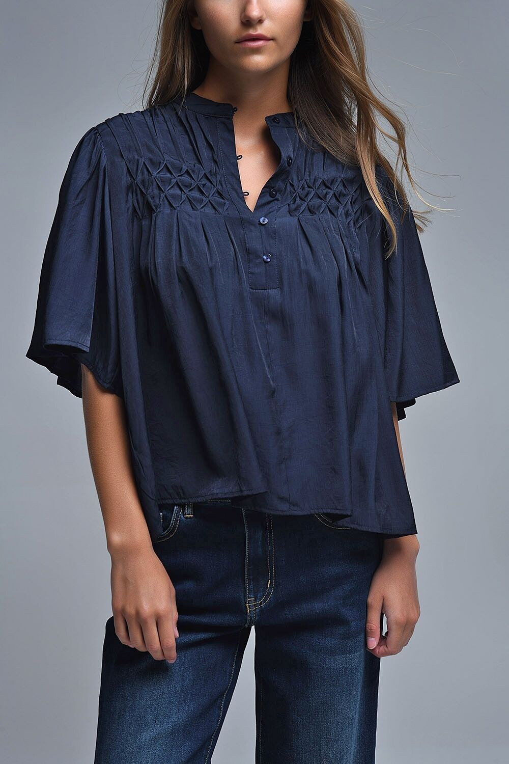 Blusa in stile boho blu navy rilassata con dettagli ricamati