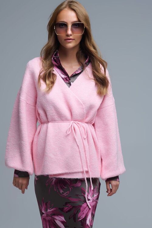 Elegant Pink Wrap Knitted Cardigan