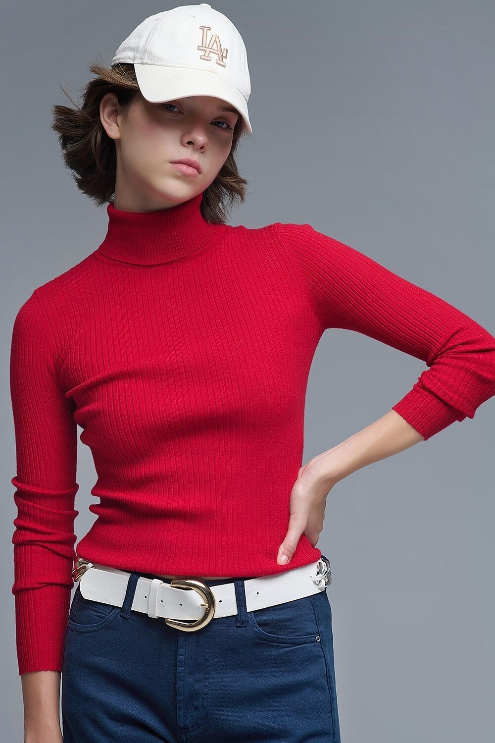 Rolled Turtle Neck Ribbed Sweater in Ruby Red