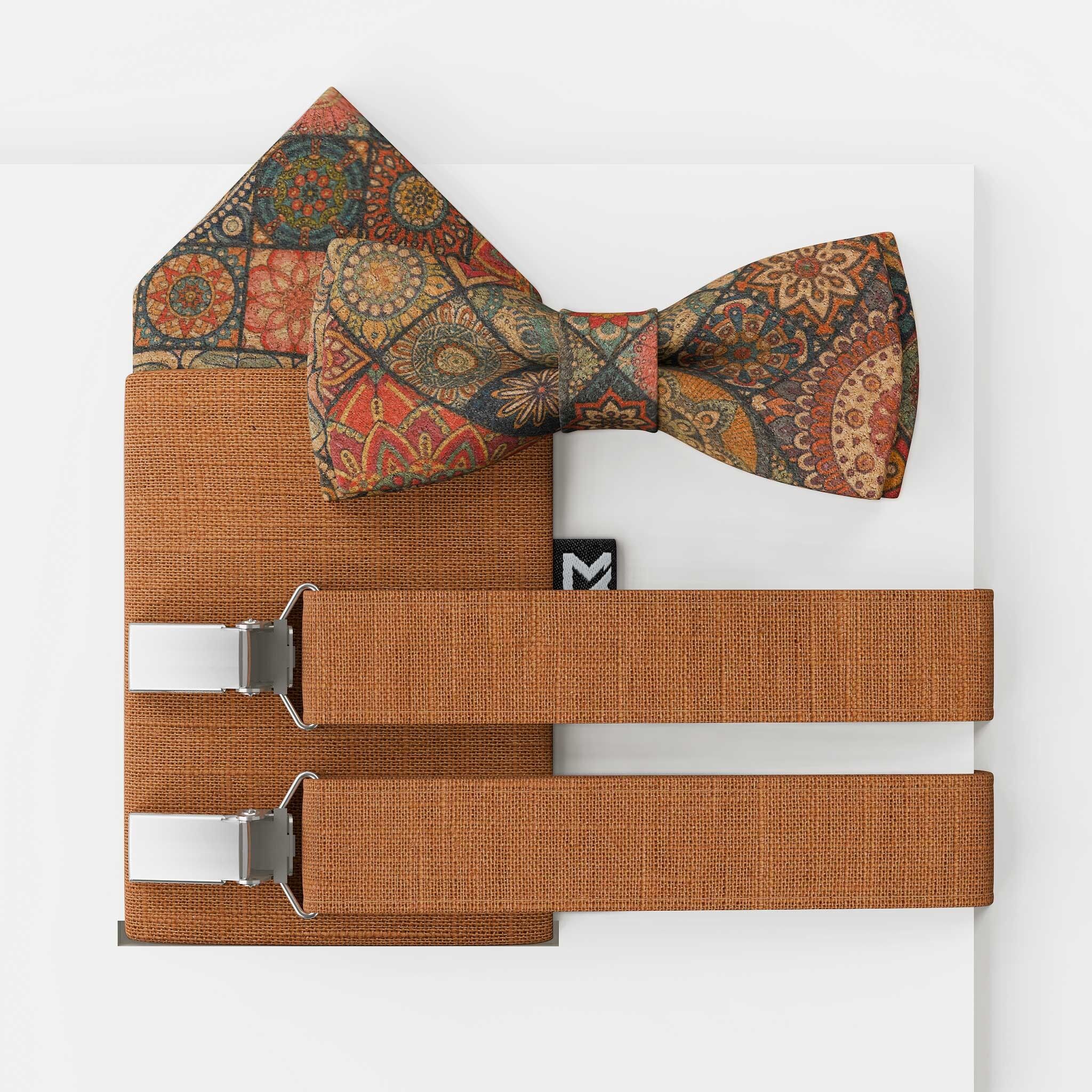 Herrenfliege Set Kork Leinen Mediterran Orange | Large Batwing | Fliege & Einstecktuch oder komplett mit Hosenträger