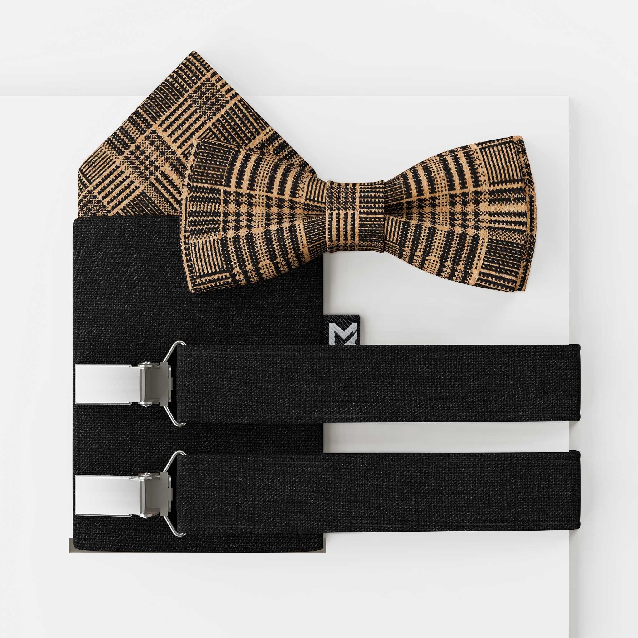 Herrenfliege Set Kork Leinen Karo Schwarz | Large Batwing | Fliege & Einstecktuch oder komplett mit Hosenträger