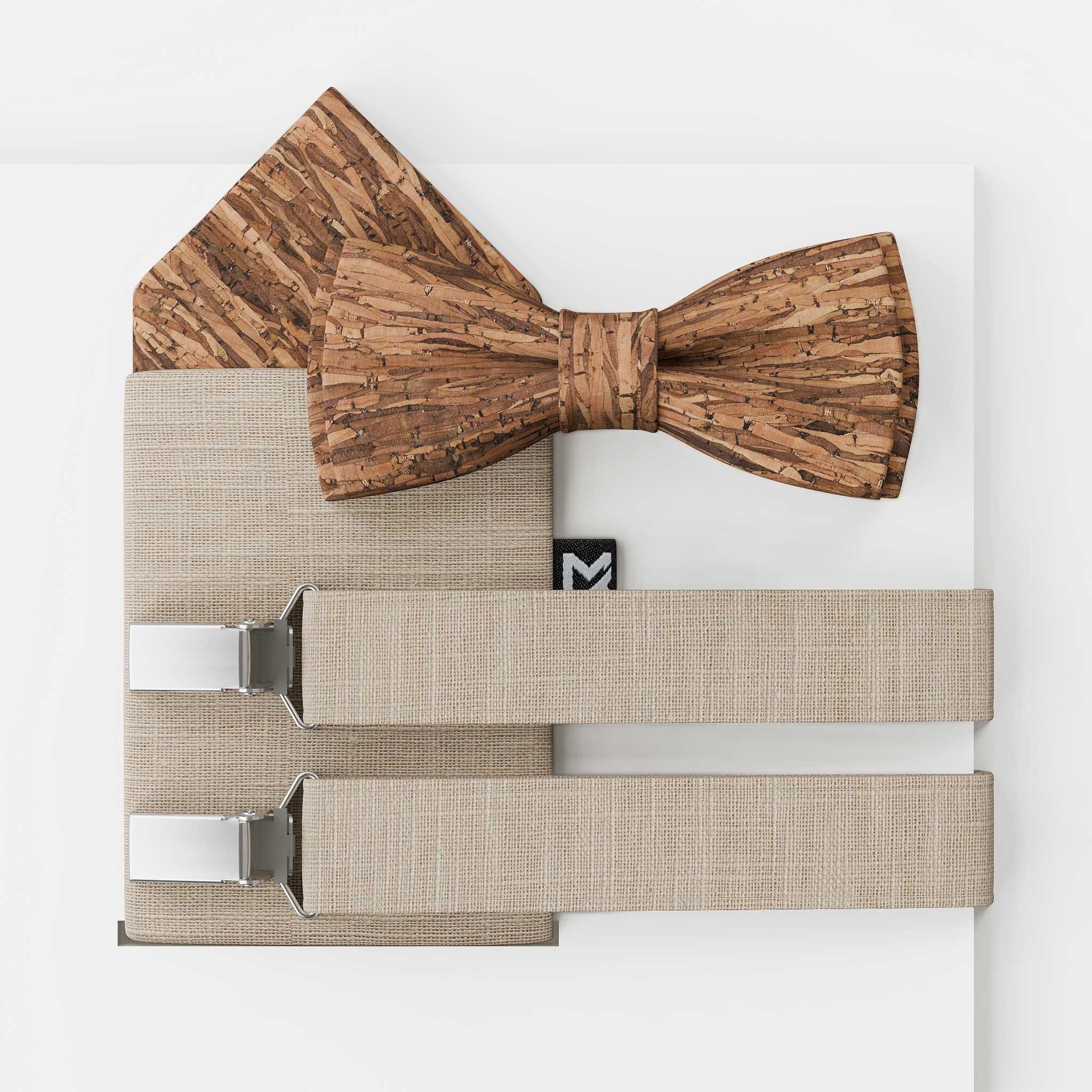 Herrenfliege Set Kork Leinen Holz Braun | Large Batwing | Fliege & Einstecktuch oder komplett mit Hosenträger