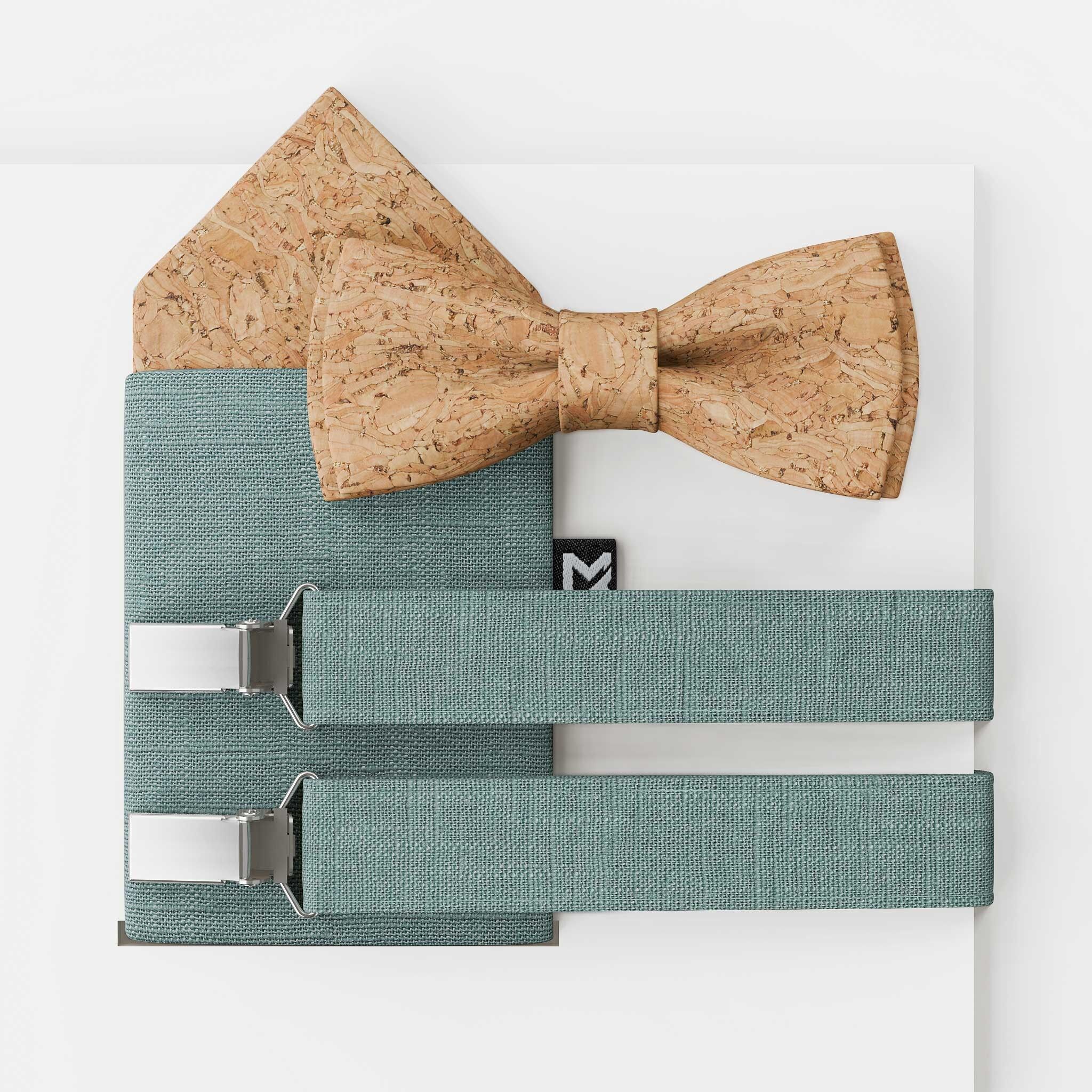 Herrenfliege Set Kork Leinen Natur Eukalyptus | Large Batwing | Fliege & Einstecktuch oder komplett mit Hosenträger