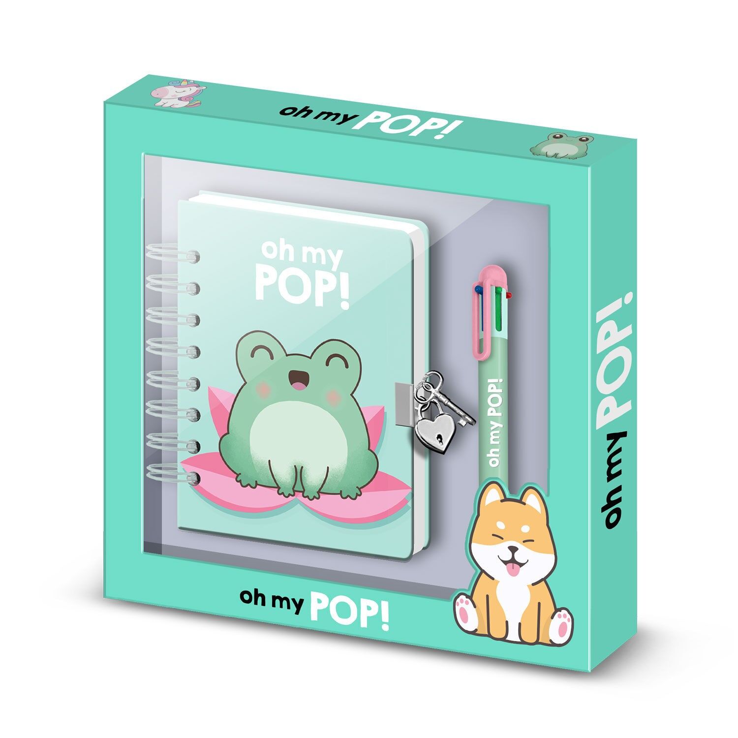 Oh My Pop Froggy – A5-Tagebuchpaket + 6-Farben-Stift, Türkis