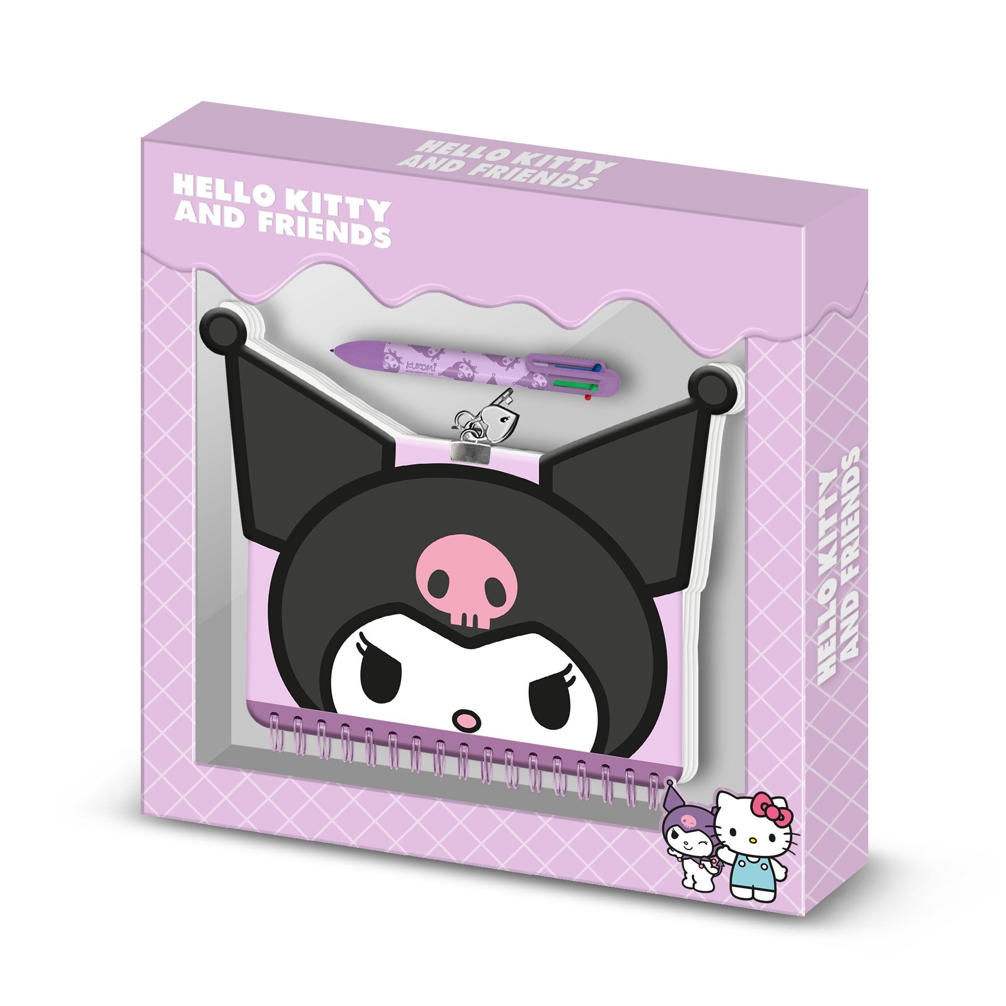 Hello Kitty Kuromi Face-Kawaii-Tagebuchpaket + 6-Farben-Stift, Lila