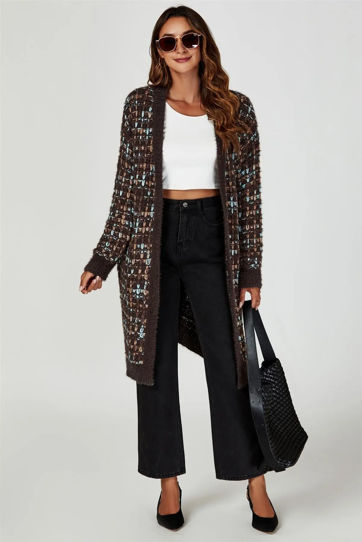 Compra Cardigan bouclé marrone con motivo a quadri e macchie colorate ...