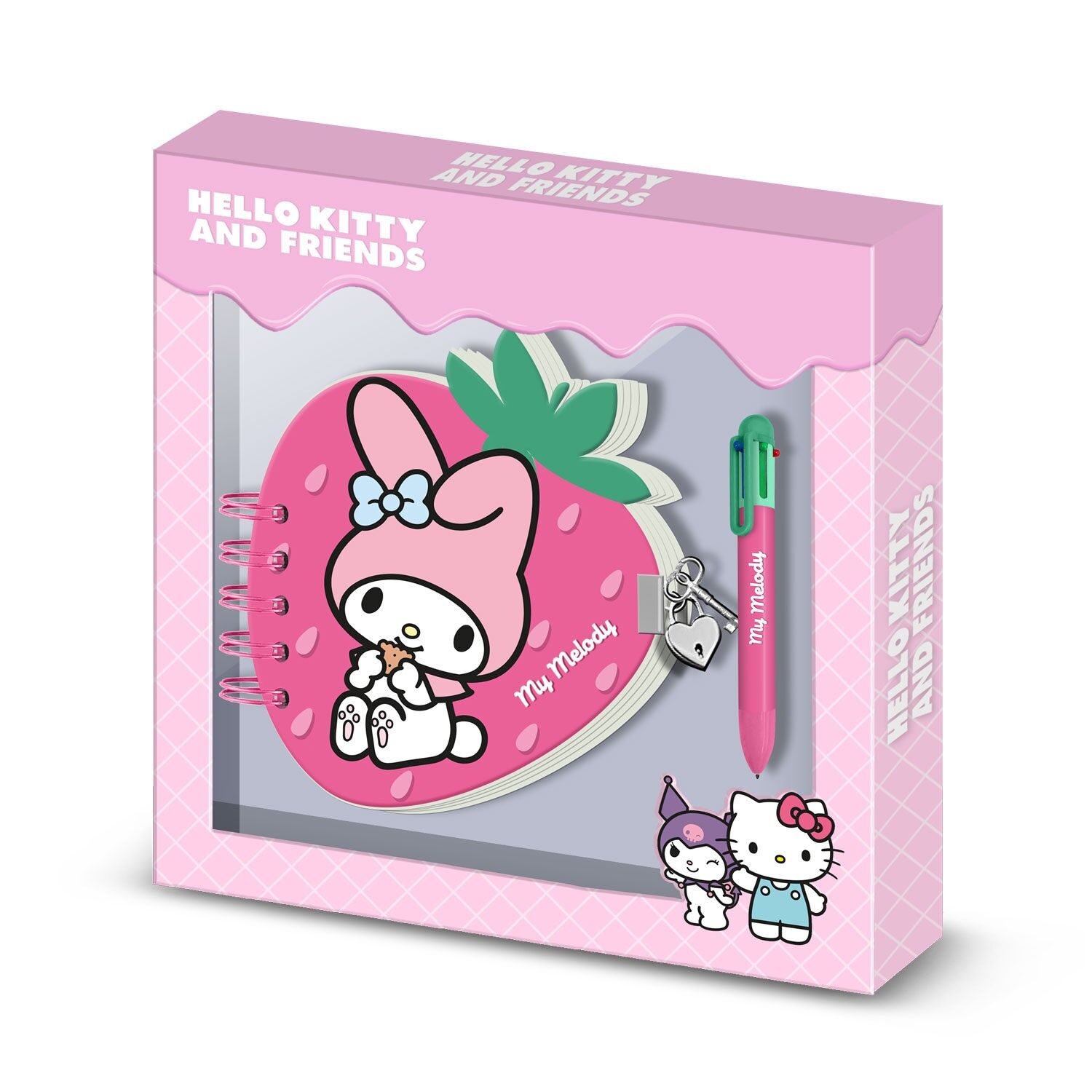 Hello Kitty My Melody Strawberry – Erdbeer-Tagebuch-Set + 6-Farben-Stift, Rosa