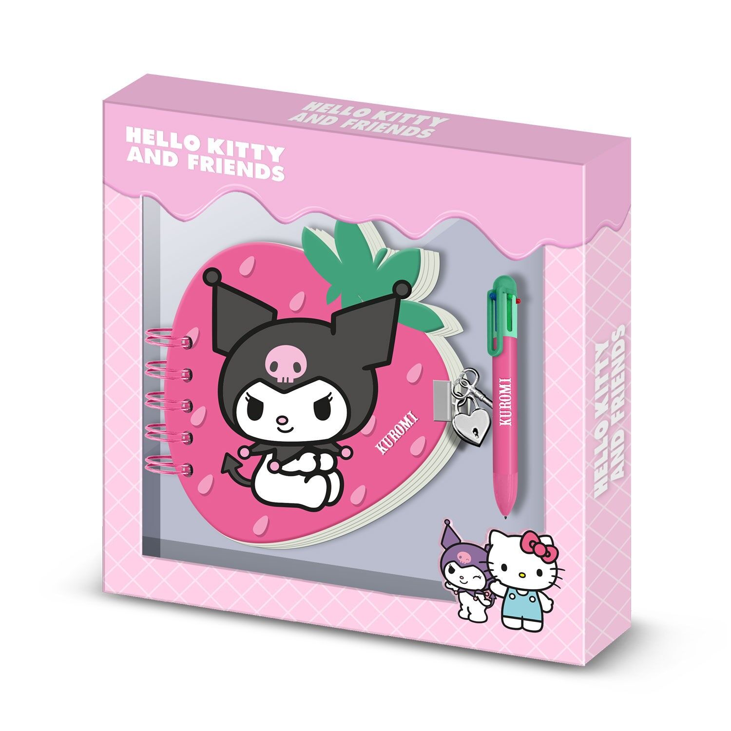 Hello Kitty Kuromi Erdbeer-Set: Erdbeer-Tagebuch + 6 Farbstifte, Rosa
