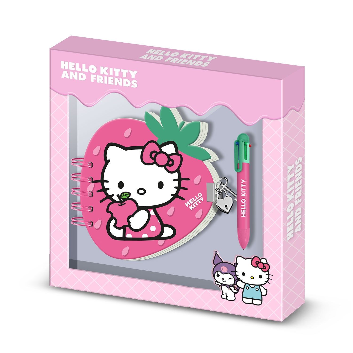 Hello Kitty Erdbeere – Erdbeer-Tagebuch-Set + 6-Farben-Stift, Rosa