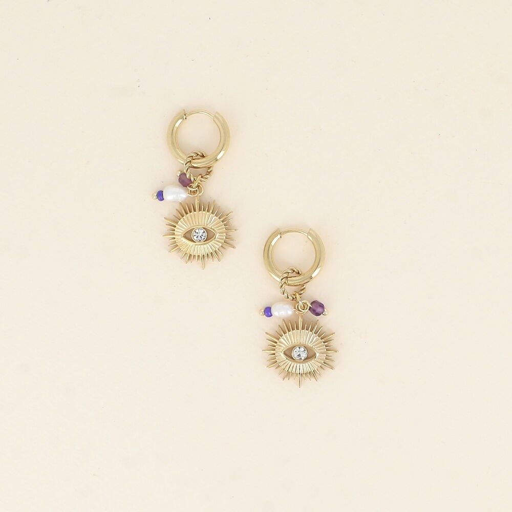 Pendientes de aro con forma de ojo, adornados con pequeñas circonitas cúbicas, perlas de agua dulce y piedras naturales.