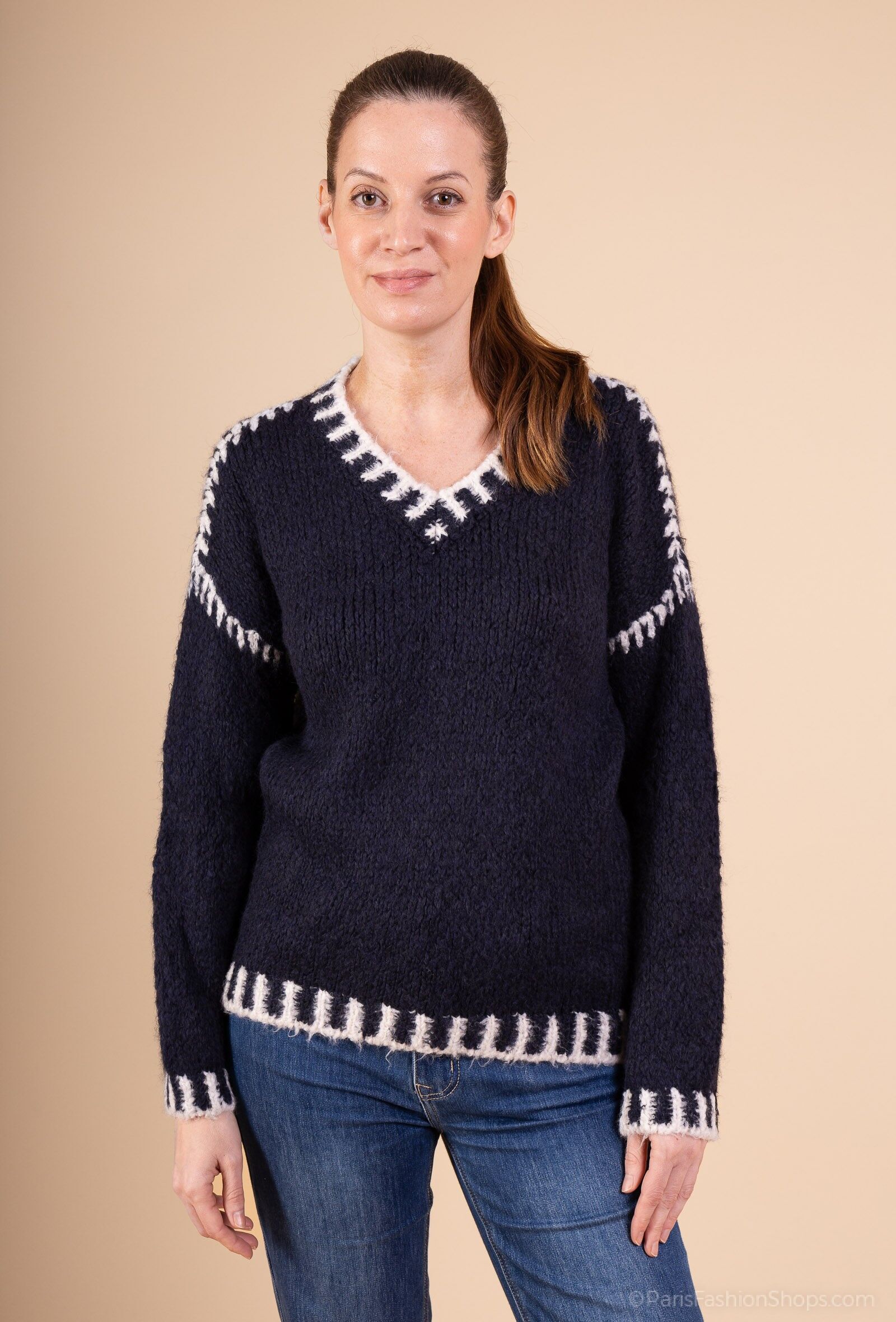Pull en maille à col V bicolore PP2526