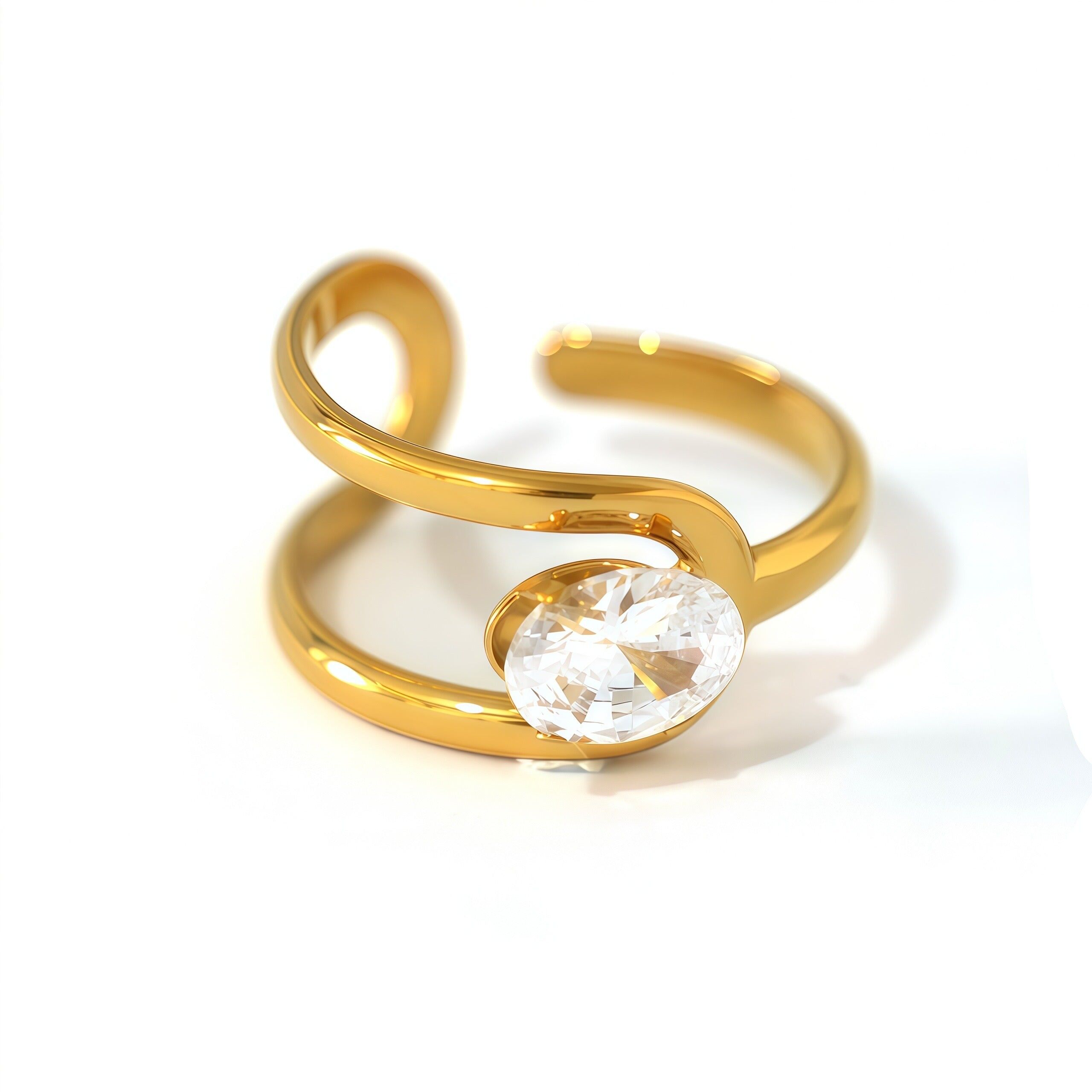 Anello regolabile in oro con strass ovali circondati da 2 rami lisci