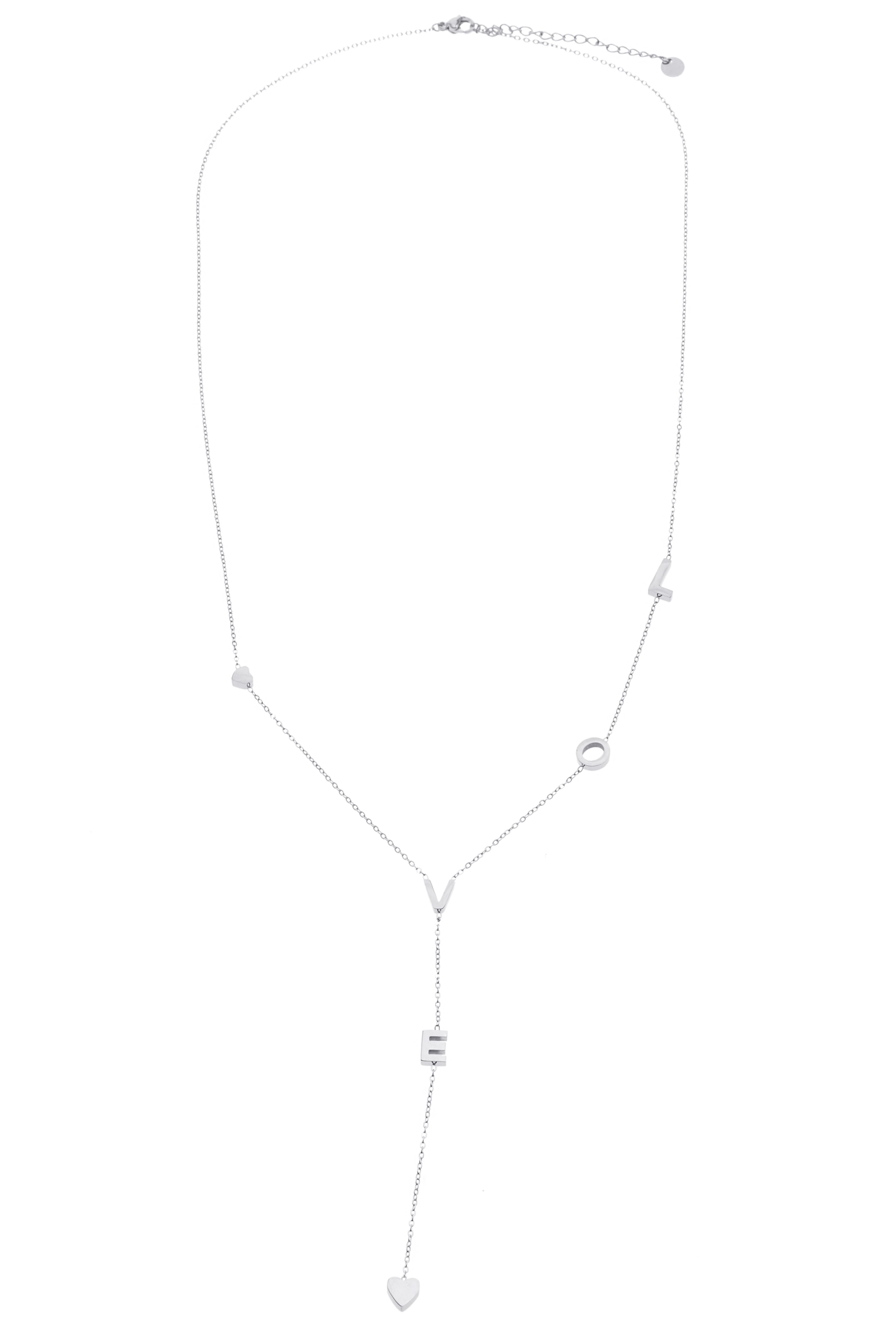 Collana lunga in argento con catena sottile e le lettere LOVE in una Y