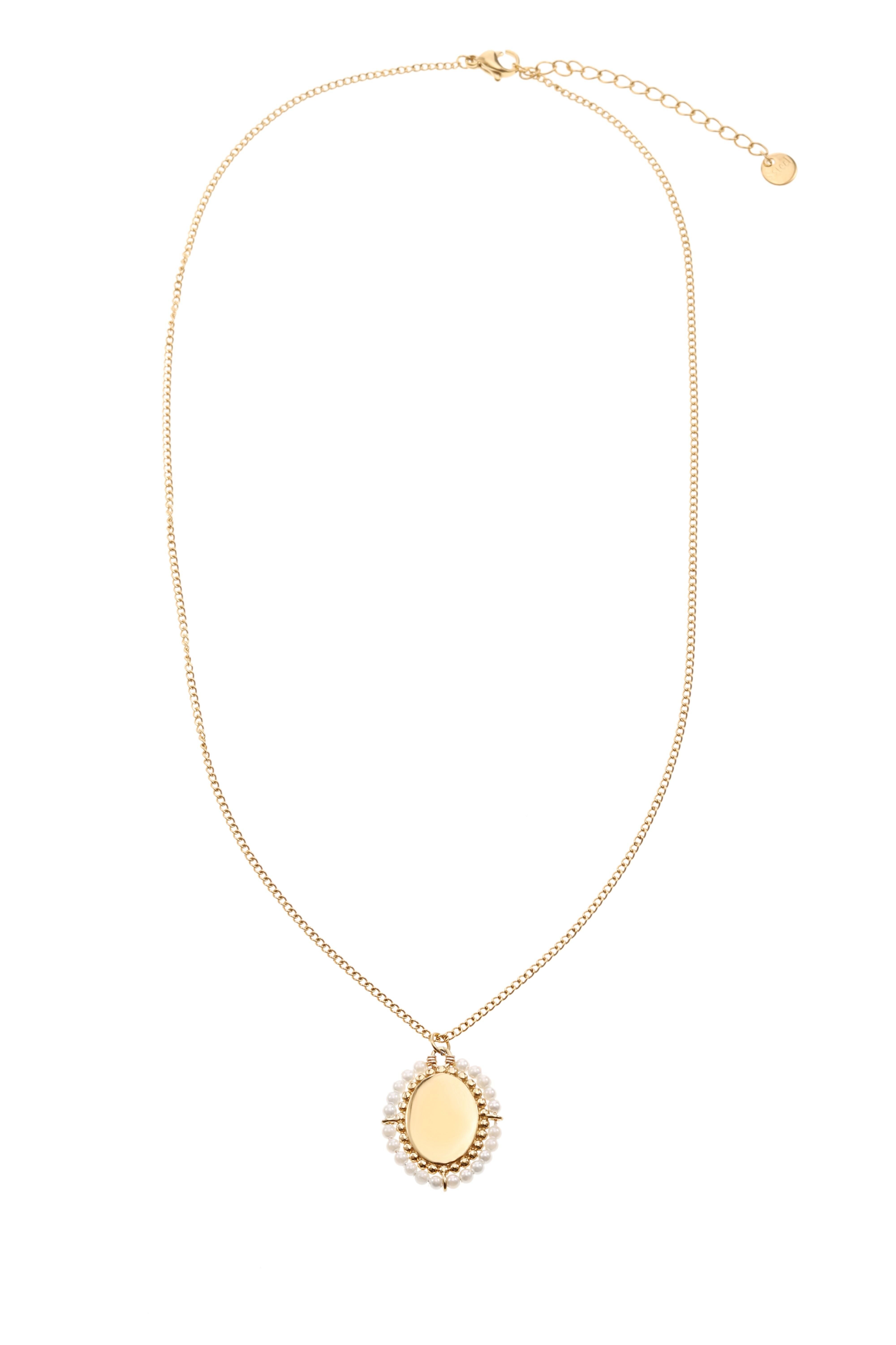 Collana color oro con catena sottile e pendente ovale circondato da perline bianche (incisibile)