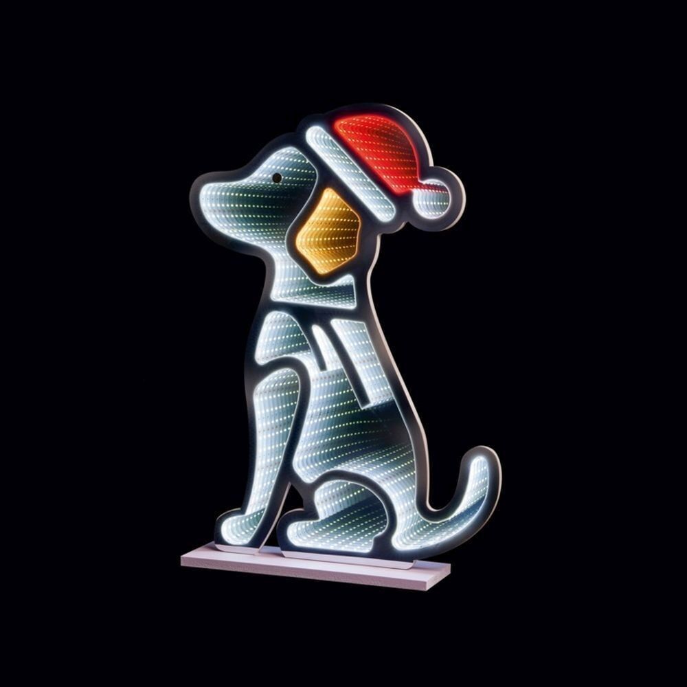 Specchio infinito natalizio con cane seduto e cappello, 60 cm, effetto luce LED bifacciale 3D multicolore