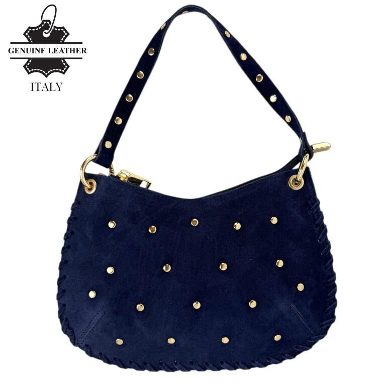 Borsa a mano semi-rotonda in pelle scamosciata con borchie