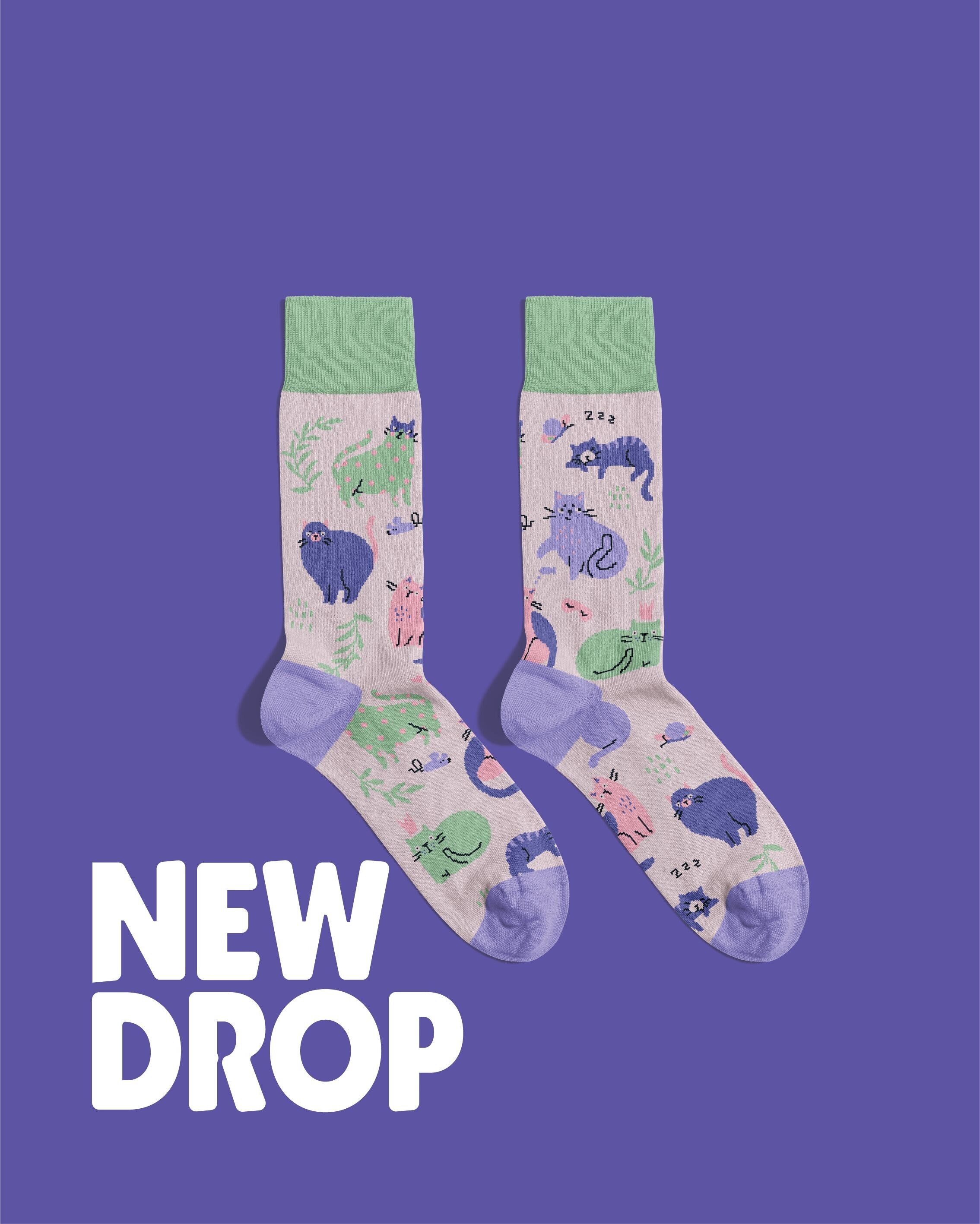 Funky Cats Socks – Colourful Cat Lover Gift | Funny Pastel Cat Socks | Cute Animal Socks for Her & Him | Combed Cotton | Made in Poland