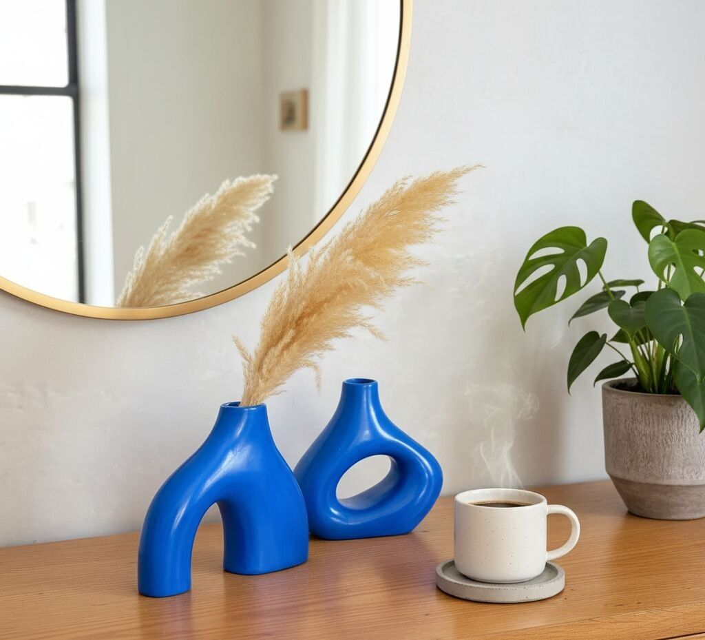 Duo Tanara & Azul – Vasi in ceramica blu azzurro con erba della Pampa