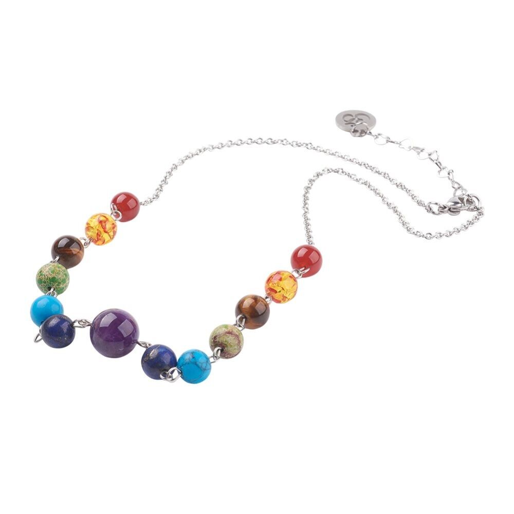 Halskette mit Edelsteinen und 7 Chakras, Edelstahlkette