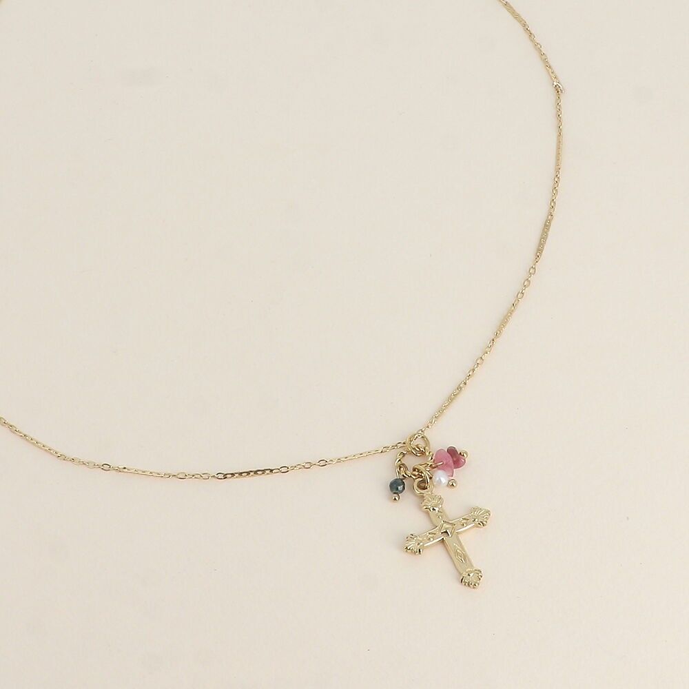 Halskette – Religiöses Kreuz, Natursteine