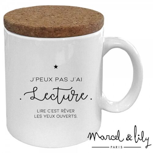Mug "J'peux pas j'ai lecture" avec son couvercle en liège