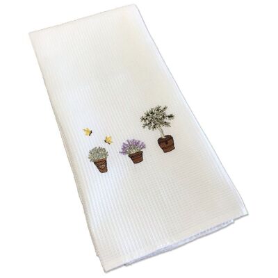 Embroidered tea towel and hand towel in white Menbes cotton