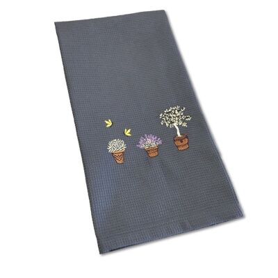 Embroidered tea towel and hand towel in Menbes gray cotton f