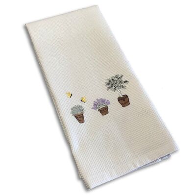 Embroidered tea towel and hand towel in Menbes sand t cotton