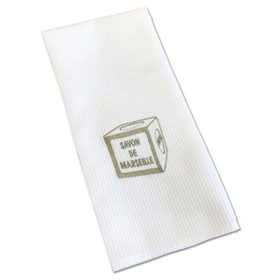 Embroidered tea towel and white Marseille soap cotton hand towel