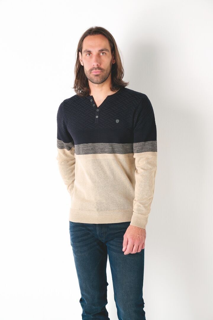 Suéter bicolor de cuello en Y con rayas colocadas, calibre 12, 61008