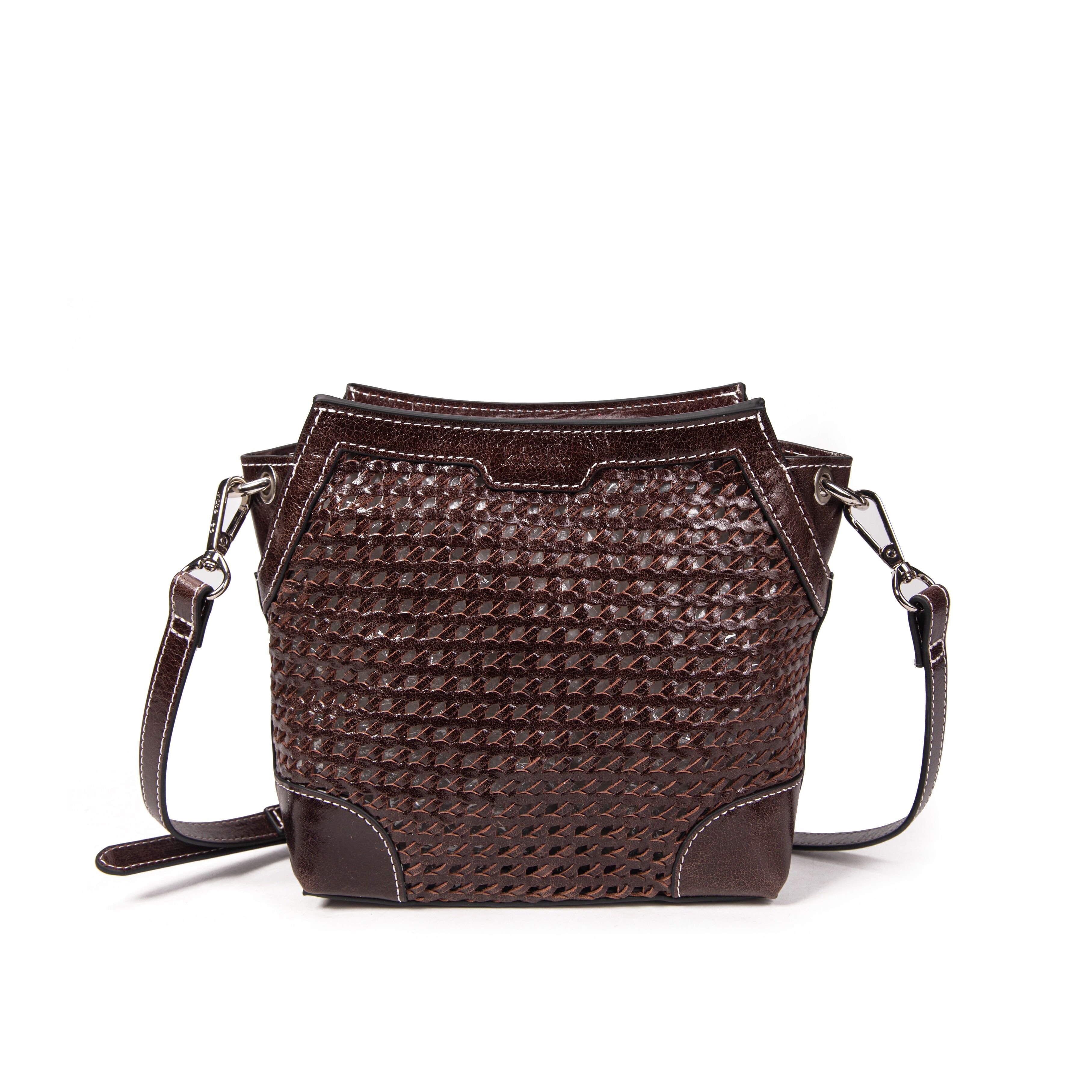 Borsa a tracolla in pelle intrecciata color moka Bonbon Tane