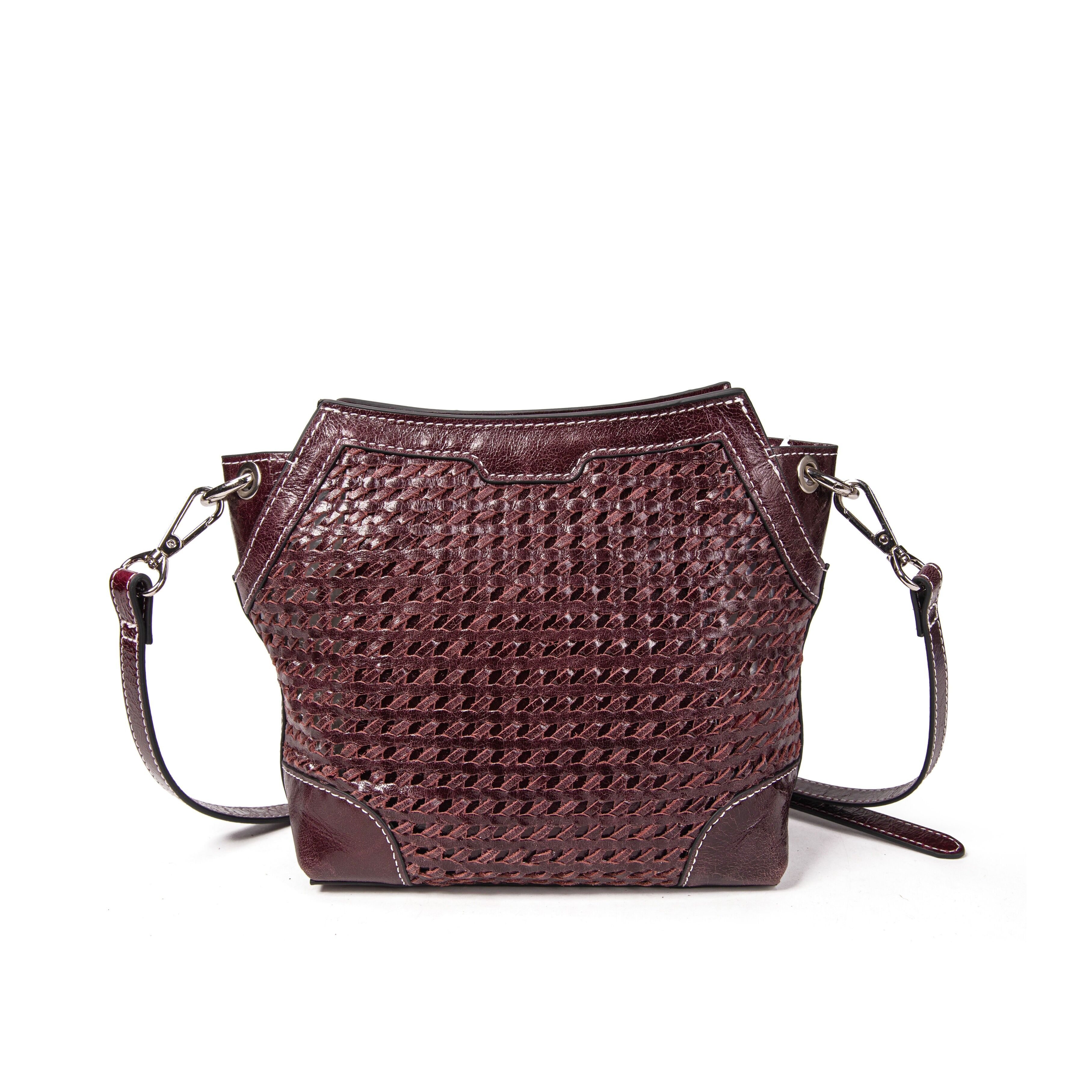 Borsa a tracolla in pelle intrecciata color prugna Bonbon Tane