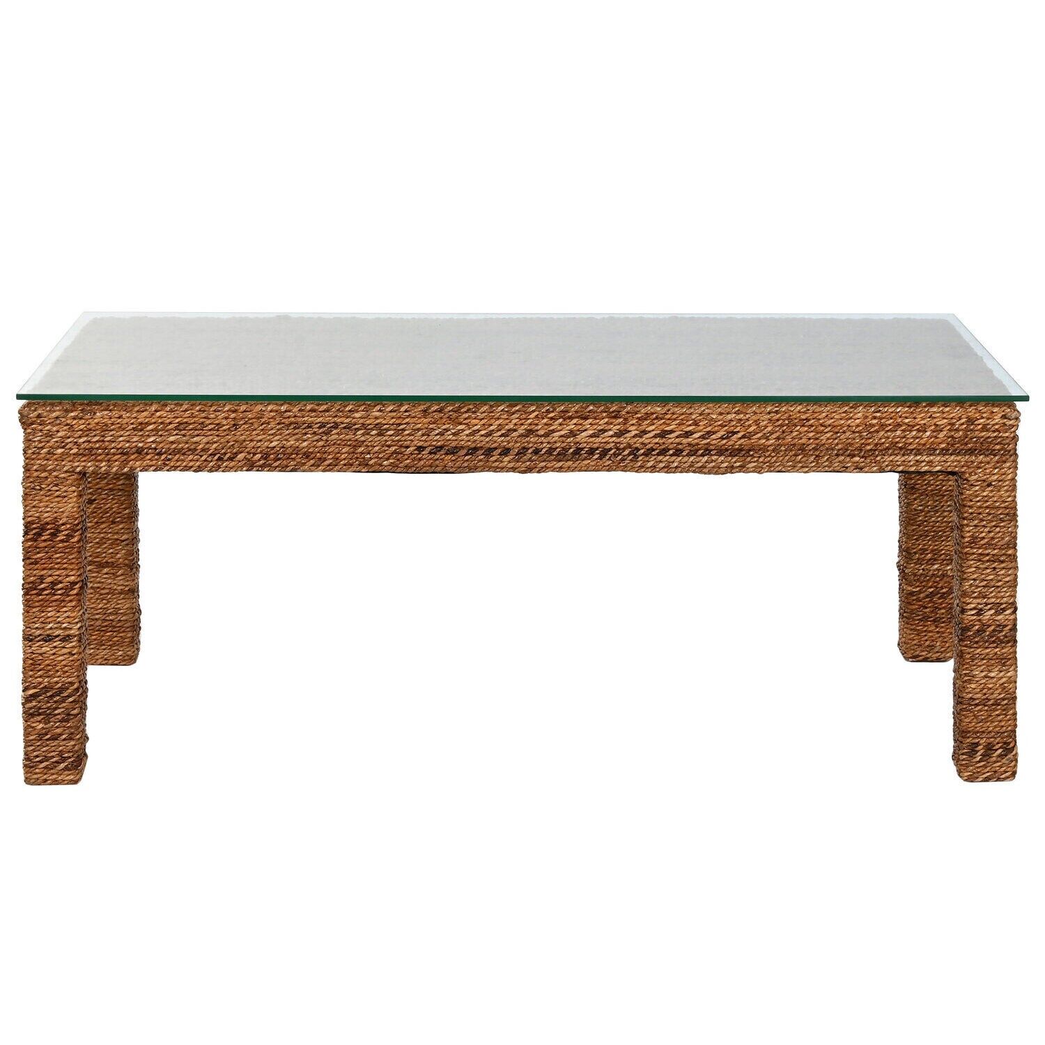 Table basse en fibre de teck 120x60x45, plateau en verre trempé MB220073