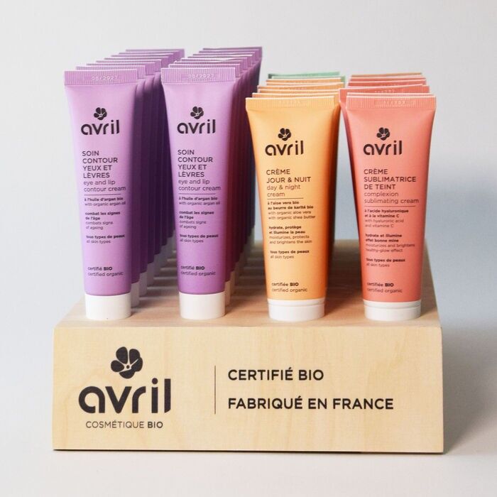 Espositore per creme e prodotti per la cura del contorno con il logo AVR