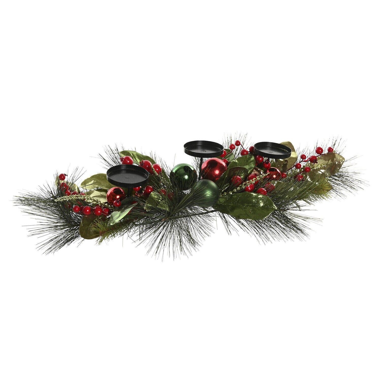 PVC and metal candle holder 80x30x14 cm, holds 3 candles, green - Christmas decoration - NV220813