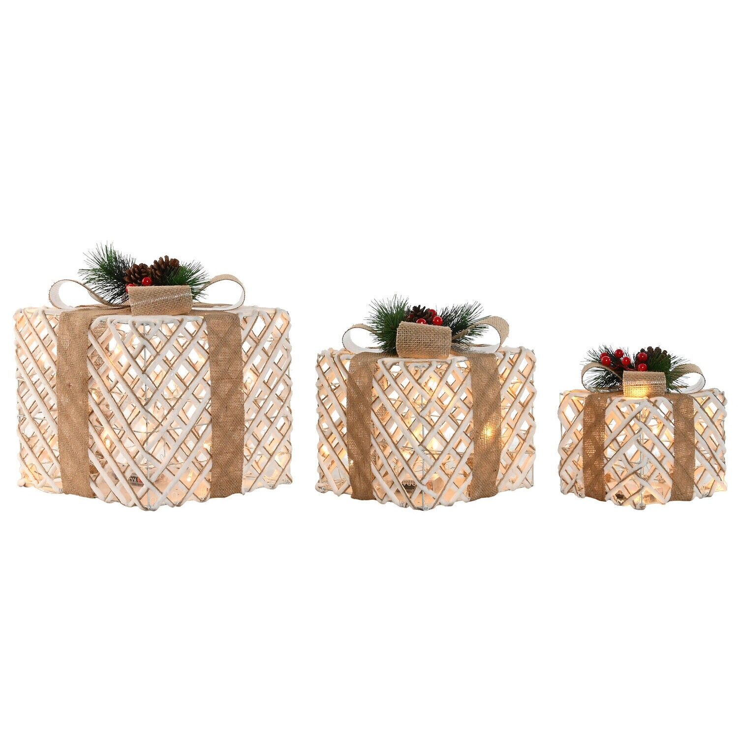 Gift set of 3 LED rattan lights 26x26x30 natural - Christmas decoration - NV213951
