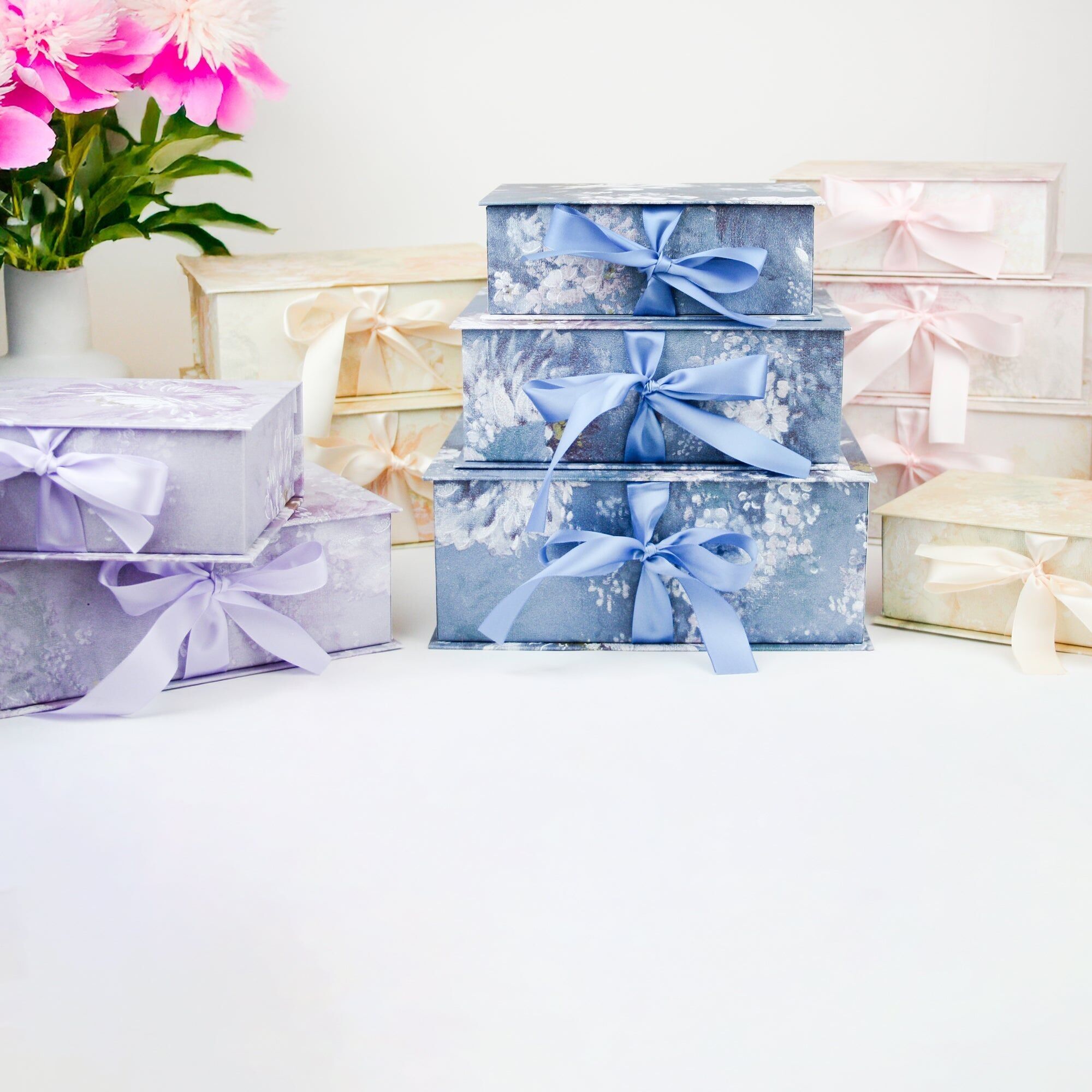 Textured Floral Gift Boxes With Ribbon - Set of 3 (Colors Available)