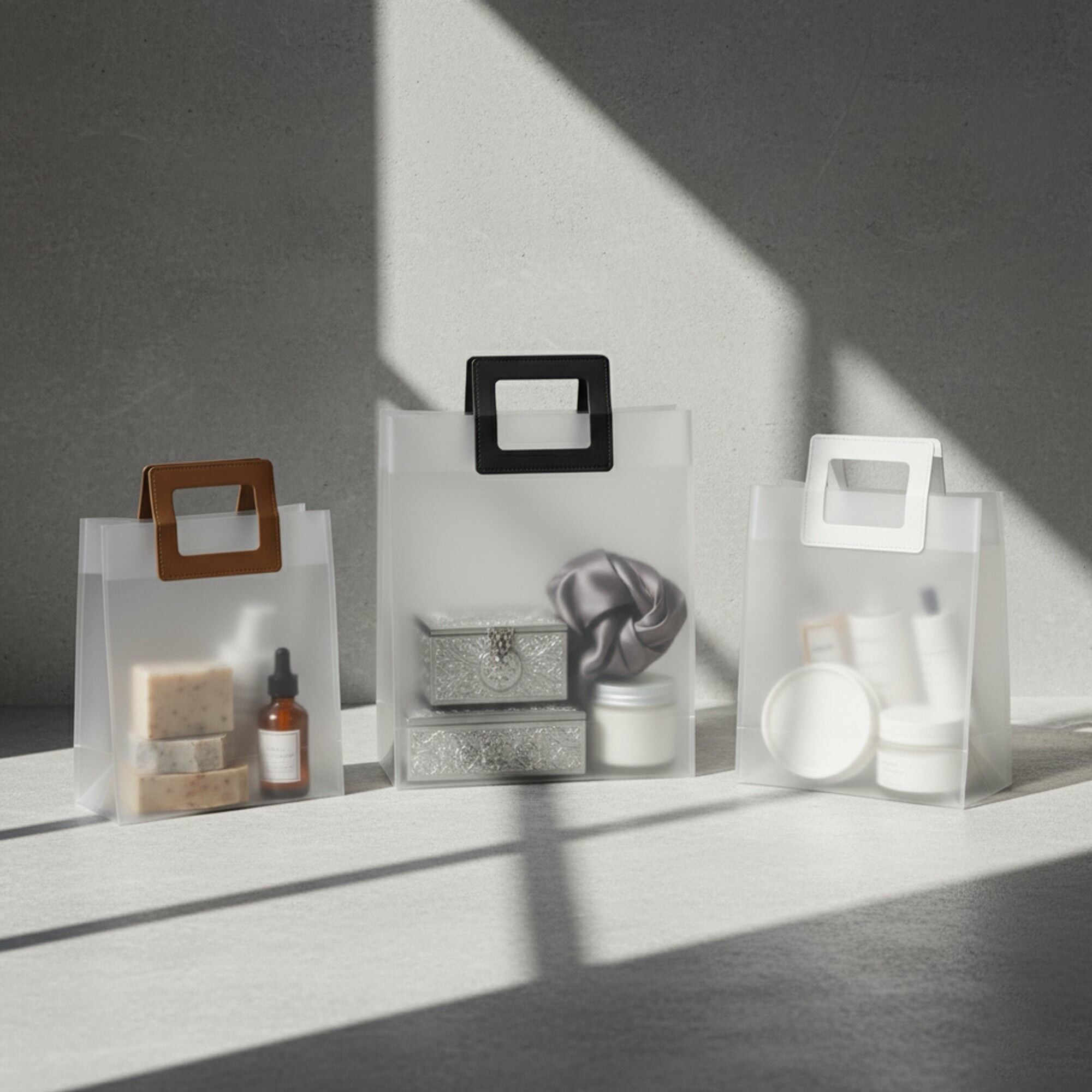 Sacs cadeaux transparents en PVC avec poignée - Lot de 12 (Tailles et couleurs disponibles)