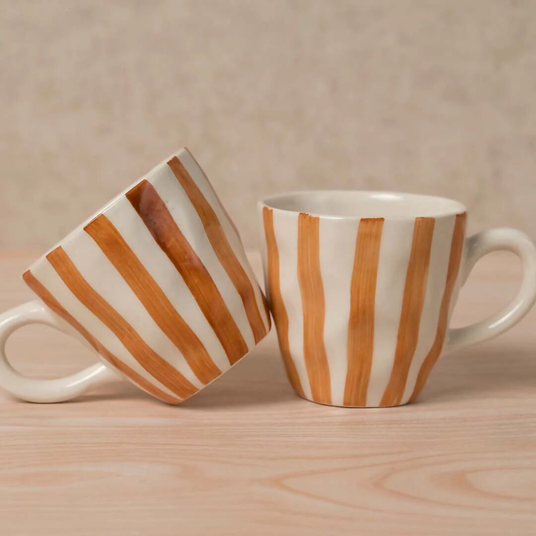 The Daily Rust Mugs (Set of 2) | Handcrafted Ceramic Coffee & Tea Cups | Striped Rustic Design