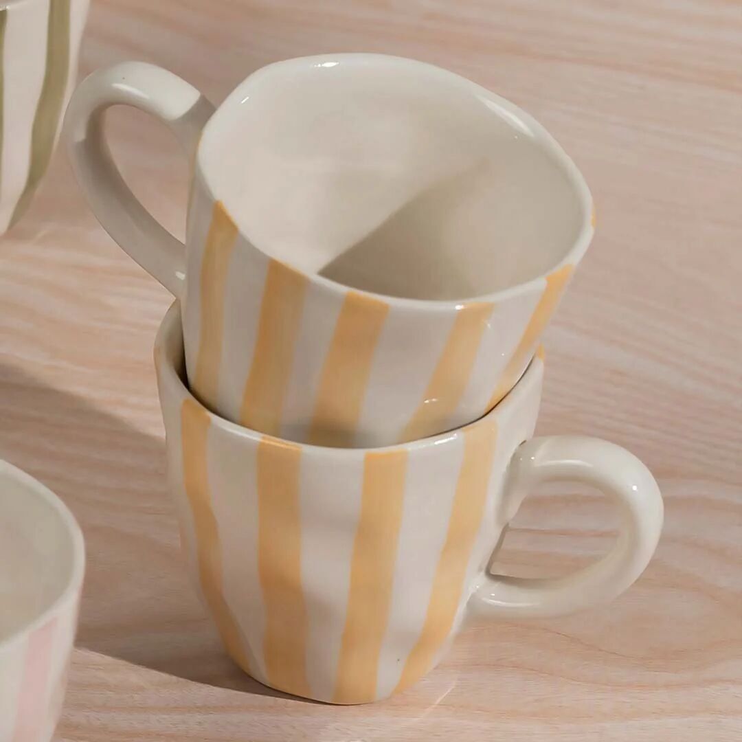 Tazas amarillas de uso diario (juego de 2) | Tazas de cerámica para café y té | Tazas de gres amarillo a rayas