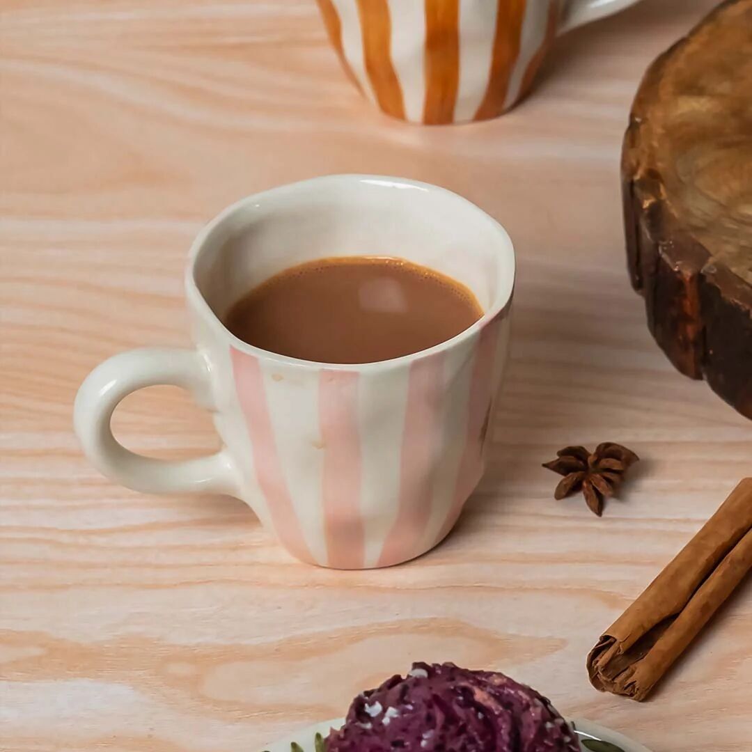 The Daily Pink Mugs (Set of 2) | Ceramic Coffee & Tea Cups | Striped Pink Stoneware Mugs