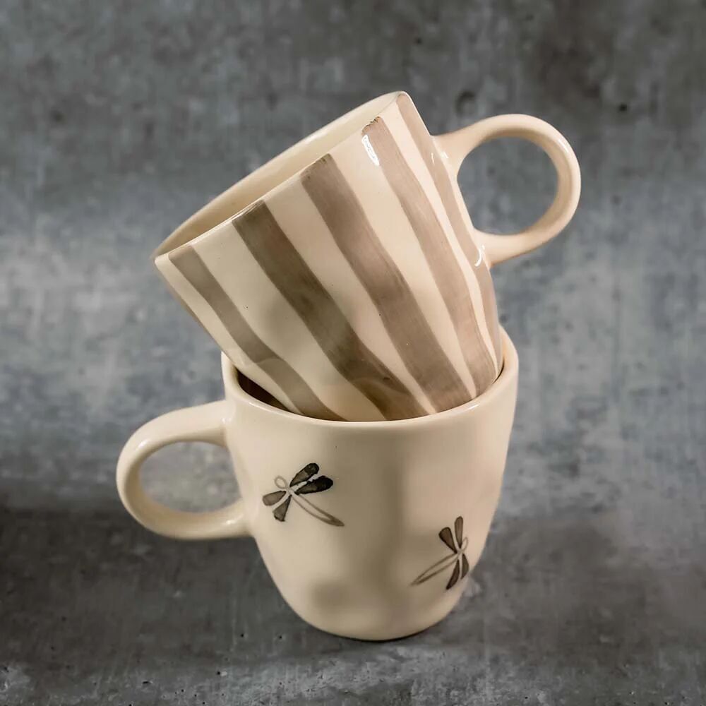 Midnight Dragonfly Mugs (Set of 2) | Hand-Painted Ceramic Coffee & Tea Cups | Minimalist Modern Drinkware