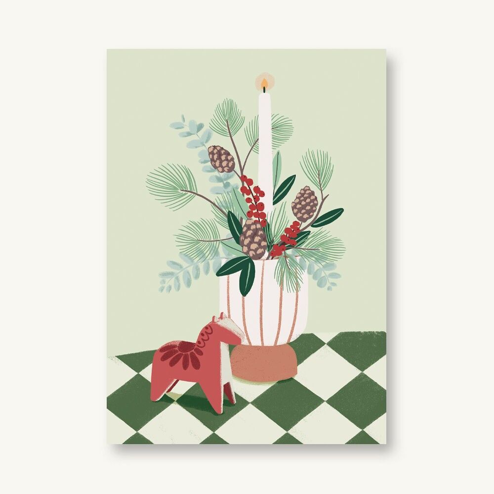 Cartolina di Natale - Vaso di Wintergreen con cavallo Dala