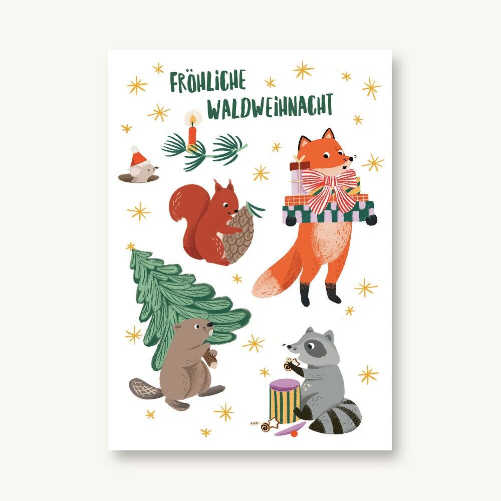 Fiesta navideña con animales del bosque en postales