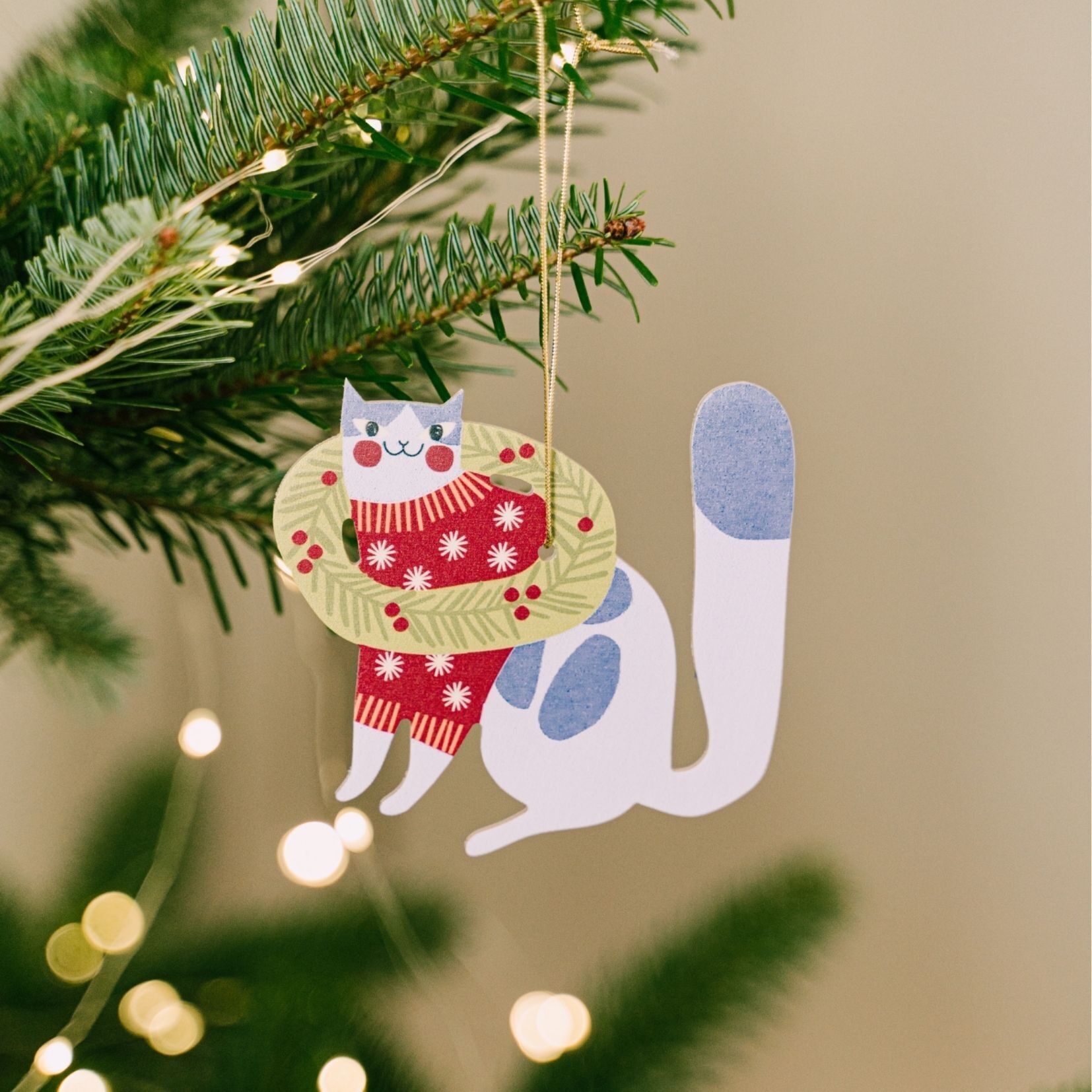 Decorazione da appendere all'albero di Natale a forma di gatto, ornamento natalizio in legno a forma di gattino